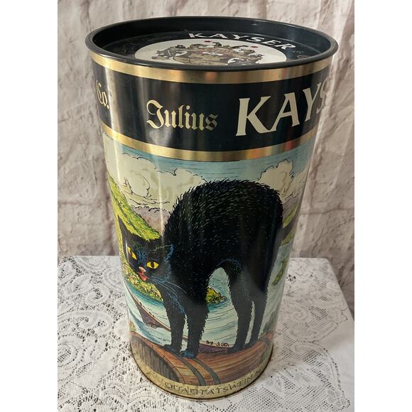 VTG Julius Kayser Tall Black Scared Cat Tin Germany Container Empty 14" Tall - Picture 2 of 8